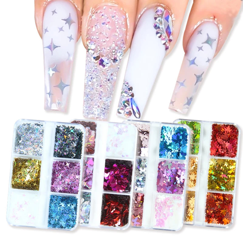 Holographic 6 Grids Mixed Nail Art Sequins Maple Leaf Shiny Red Love Heart Glitter Flakes Nail Art Accessories Supplies