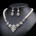 Diamond Crystal Pearl Rhinestone Silver Plated Necklace and Earrings Elegant Jewelry Set for Women and Brides for Weddings