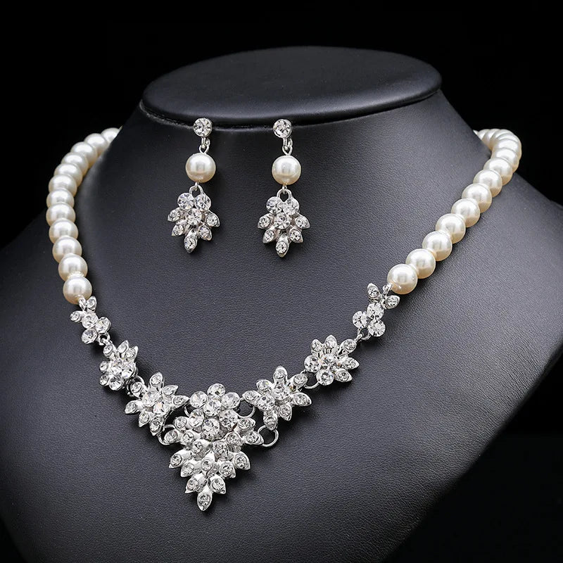 Diamond Crystal Pearl Rhinestone Silver Plated Necklace and Earrings Elegant Jewelry Set for Women and Brides for Weddings