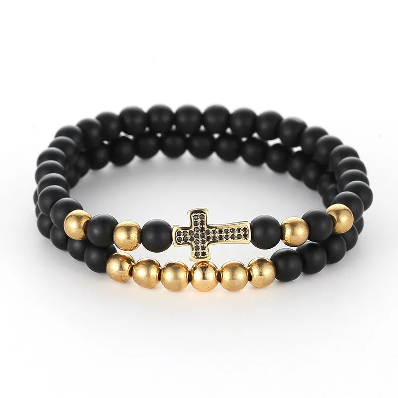 Microinlaid Set Cross Multi Color Zircon 6mm Copper Beads Black Frosted Stone Fashion Bracelet