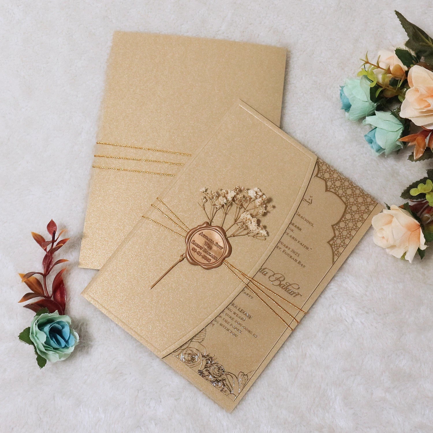 Elegant Beautiful Brown Bronzing Acrylic Invitation Card with Wax Seals Gold Line Dried Flowers for Wedding Customized