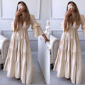 European and American Spring/Summer New Women's V-neck Lace up Dress Solid Color Long Dress