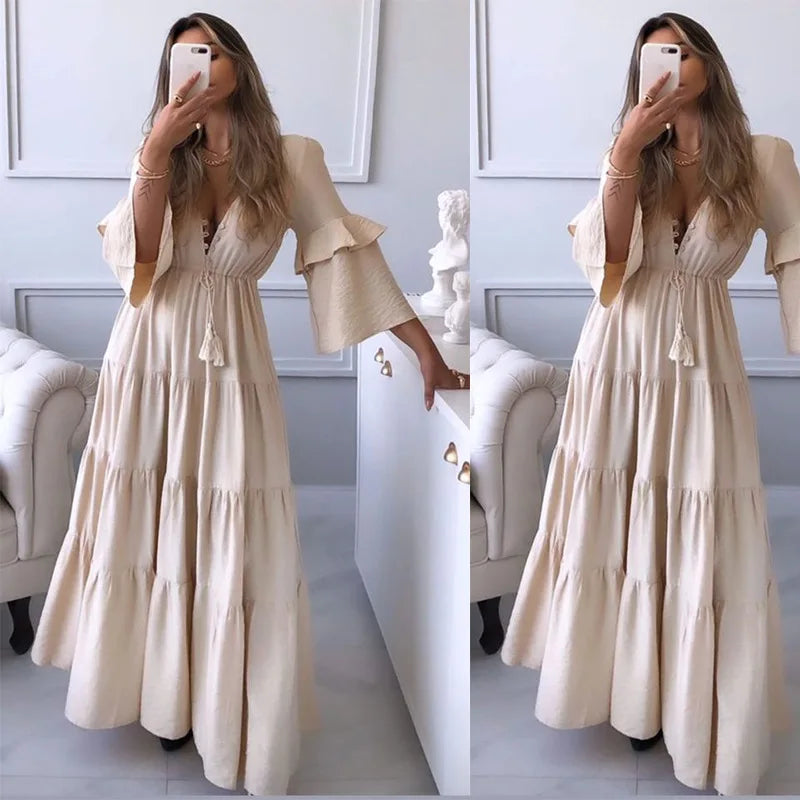 European and American Spring/Summer New Women's V-neck Lace up Dress Solid Color Long Dress