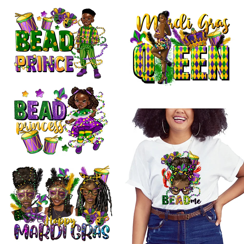 New Low MOQ Happy Mardi Gras DTF Custom Heat Transfer Mardi Gras Coffee Designs Ready to Press Transfer Stickers for T-shirts
