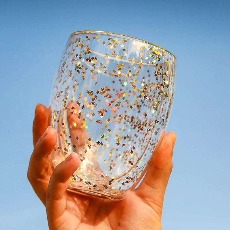 Wholesale High Borosilicate Double-Wall Glass Cups with Shining Paillettes Design Fillings Customized Any Material Fillings