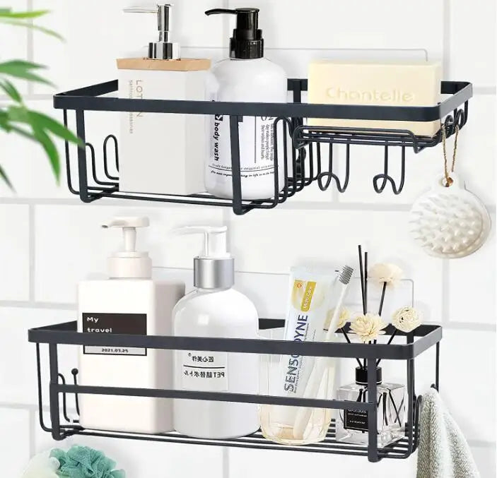 Modern Stainless Steel Shower Organizer Soap Holder No Drilling Wall Mounted Shower Rack 4 Traceless Adhesive Hooks Bathroom