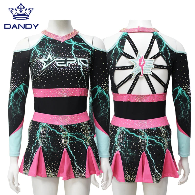 Wholesale Custom Cheerleader Costume Long Sleeve Rhinestone Cheer Cheerleading Uniforms for Women