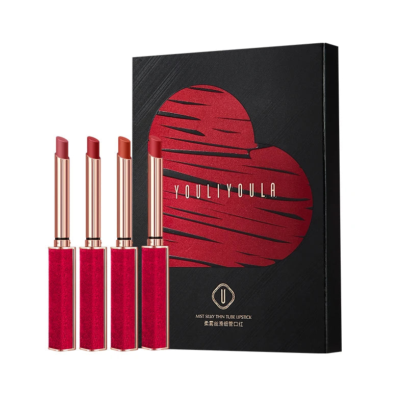 Hot Selling TikTok Silky Lipstick Suite 4 Waterproof Easy-to-Apply Matte Soft Fog Tubes Genuine Lipstick Brand Mineral