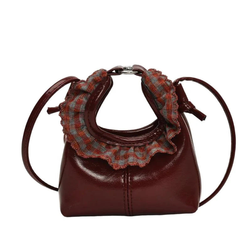 New Arrival Fashion Mini Bucket PU Bag for Women-Plaid Ruffle Decor Small Crossbody Purse with 1L Capacity