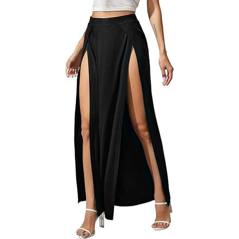 RNSHANGER New Long Skirt for Women Summer Split Thigh Solid Color Skirt Irregular Floor Length Female High Waisted Skirts