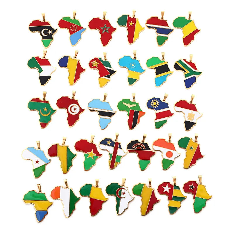 Africa Map Shaped Pendant Stainless Steel Necklace with National Flag Handmade Patriotic Necklace for Party Gift School Award