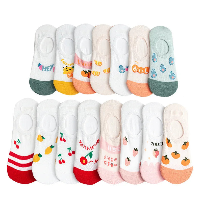 Women's Cotton Ankle Socks Thin Silicone Anti-Skid Invisibly Shallow Fruit Cartoon Knitted Socks