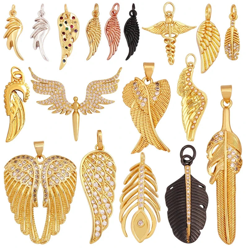 Fashion Cubic Zirconia Feather Charm PendantReal 18K Gold Plated Necklace Bracelet Jewelry Findings Accessories Supplies S38