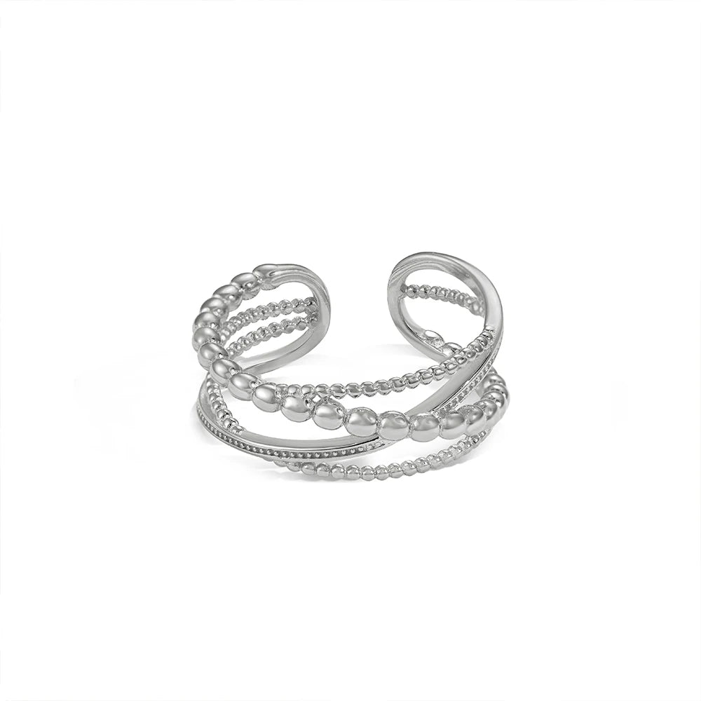 Dainty Design in Stock S925 Sterling Silver Rhodium 18K Gold Plated Multiple Layer Beaded Intersect Adjustable Women Rings Women