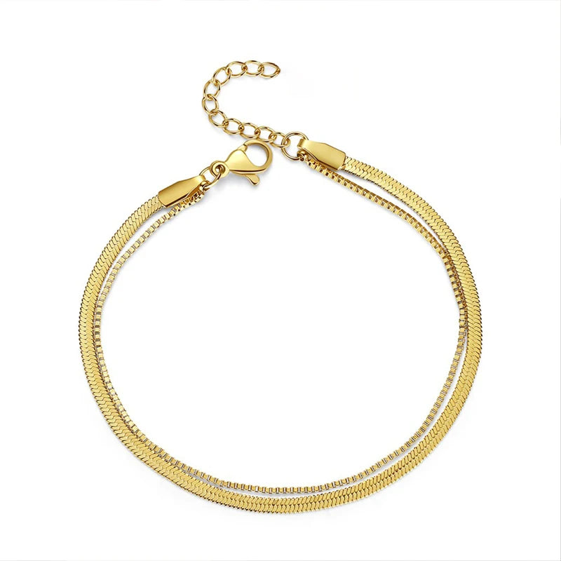 Dainty Women Stainless Steel 18k Gold Plated Herringbone Bracelet Double Layer Snake Chain Bracelets Wrist Jewelry