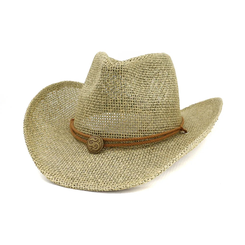 Adjustable Chin Strap Straw Hat with Metal Logo Cowboy Costume Hat Hollow out for Travel Party Outdoor Beach