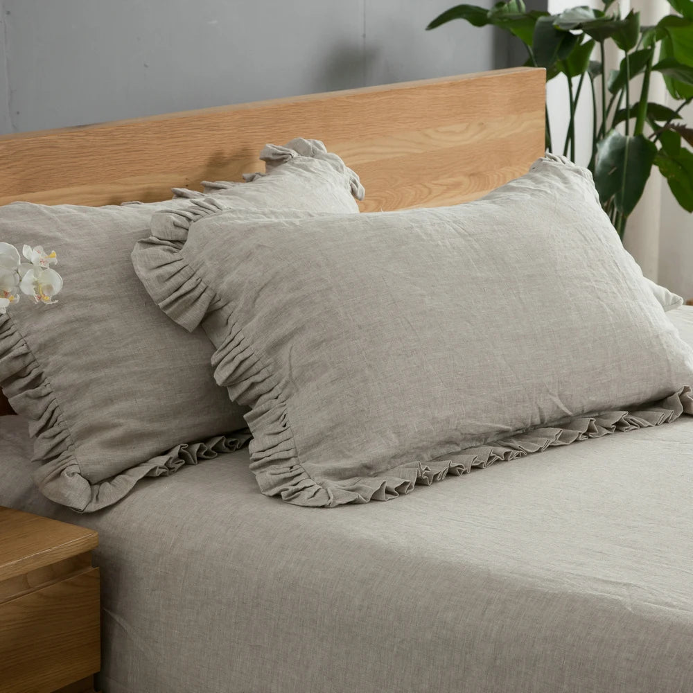 Princess Ruffle Style Pillowcase Cover Envelope Design 100% Linen Soft Vintage Solid Pattern Woven for Home and Hotel Use