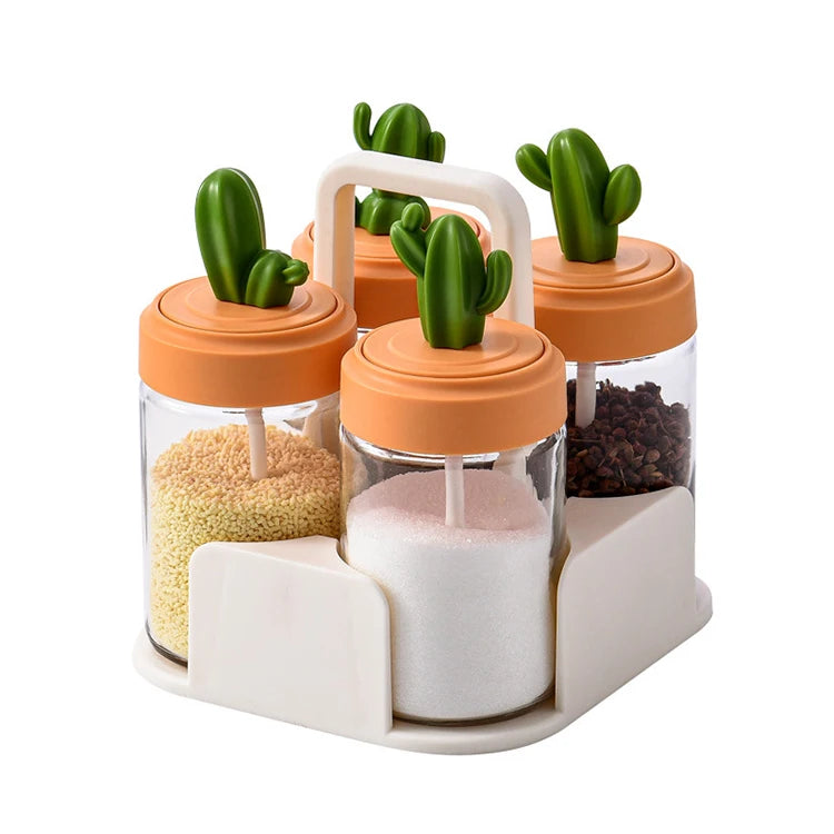 Cactus Shape Glass Spice Jar Set Food Storage Jar With Rack and Spoon for Kitchen