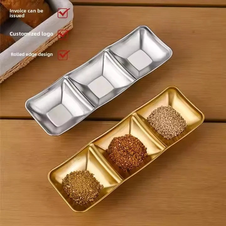 Wholesale 304 Stainless Steel Flavoring Dish for Restaurant Golden Two-compartment Sauce Barbecue Plate Hot Pot Dipping Bowls