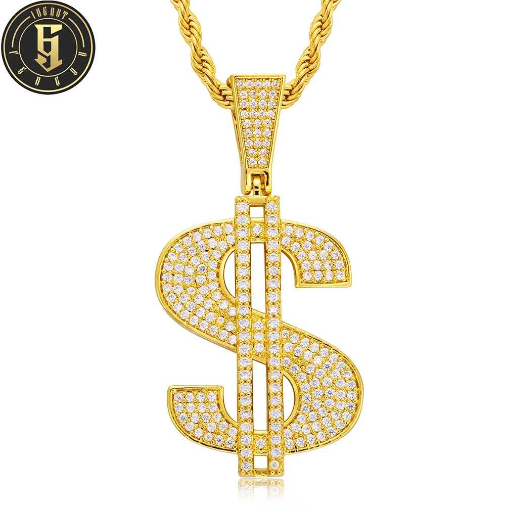 High Quality Iced Out Dollar Sign Pendant Necklace Real 18K Gold Plated Brass 5A Cubic Zirconia Hip Hop Jewelry