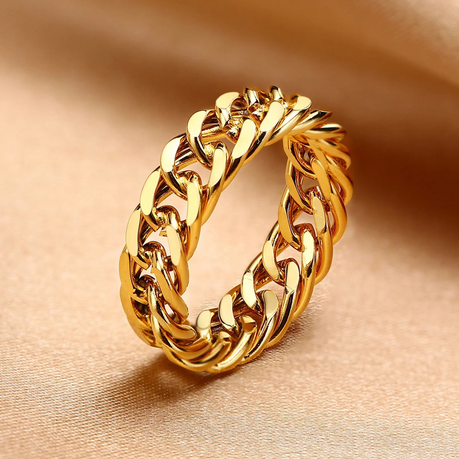 SC Hot Sale Size 6-11 6MM Chunky Women Rings Fashion Hollow Gold Plated Rings Personalized Stainless Steel Horsetail Chain Rings