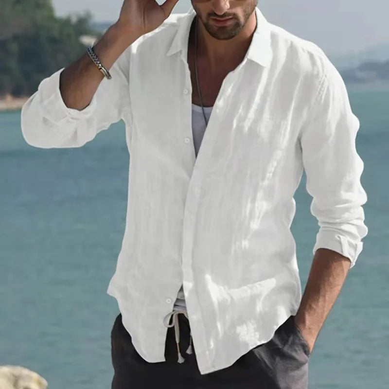 2023 Autumn Solid Men Shirt Baggy Long Sleeve Button Hawaiian 100% Cotton Linen Shirt for Men Blouse Camisa Masculina Streetwear