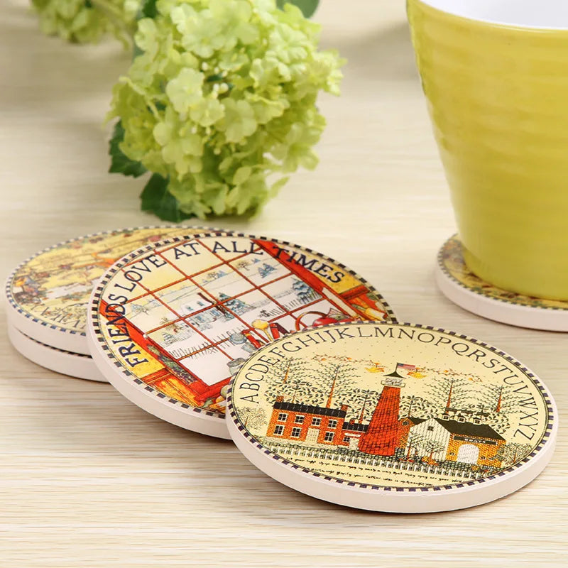 Countryside Style Coaster Ceramic Table Coaster Non-Slip Drink Absorbent Coaster for Coffee Mug and Cups