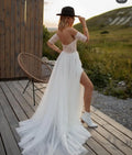 13161#A-Line Simple Wedding Dresses Sweetheart Backless Half Sleeves Lace Applique Split Boho Civil Chiffon Wedding Bridal Gown