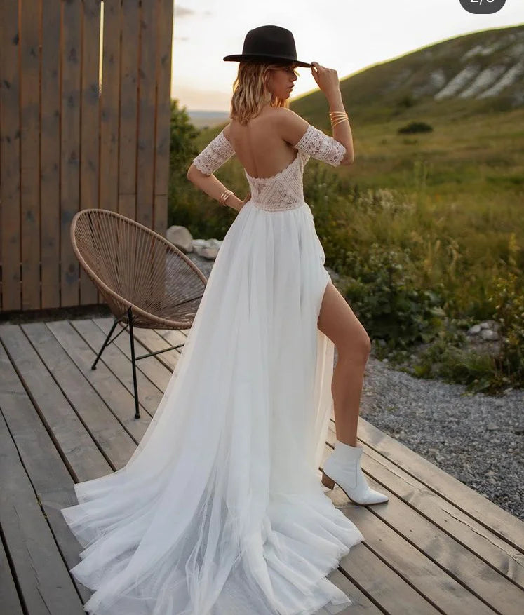 13161#A-Line Simple Wedding Dresses Sweetheart Backless Half Sleeves Lace Applique Split Boho Civil Chiffon Wedding Bridal Gown