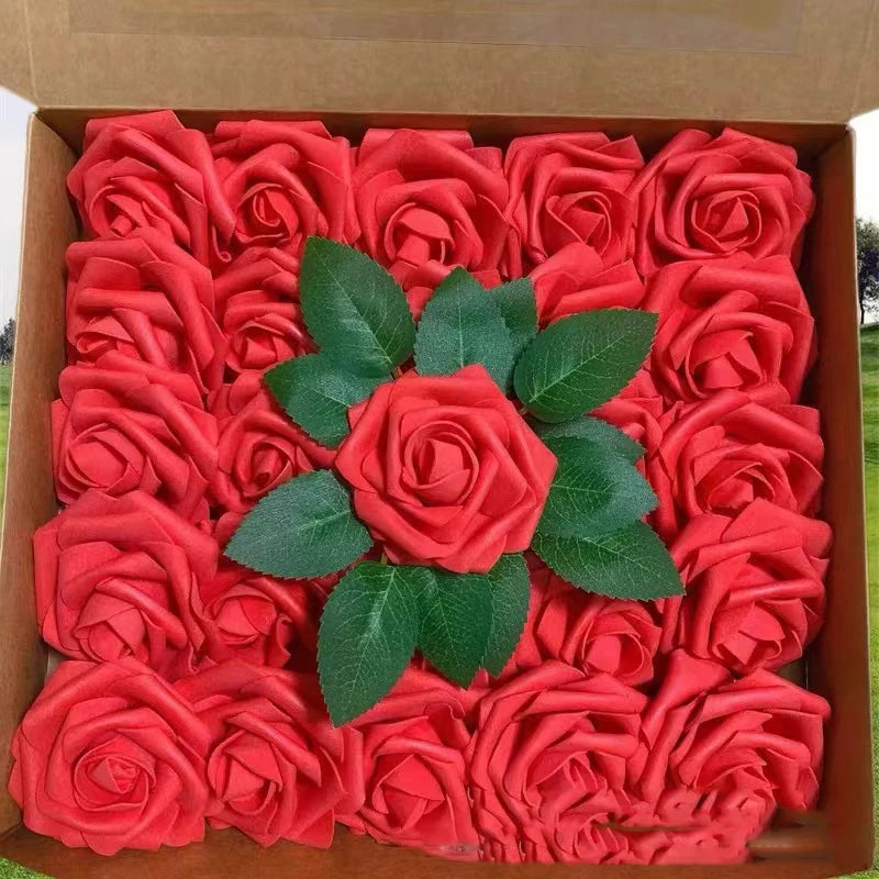 25pcs/set Hot Selling  8cm Foam Artificial Flower PE Rose Flower Roses With Leaves for Cake Decoration Rose Flower Head