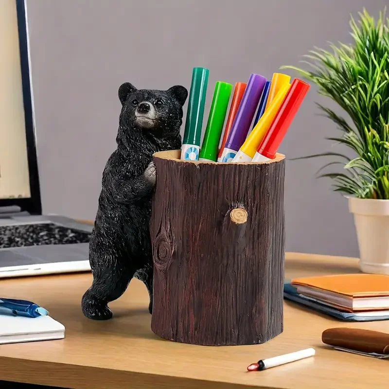 Black Bear Tree Stump Resin Pen Holder Hand-painted Cute Standing Cub Wood Grain Texture Animal Themed Christmas Fashion Desk