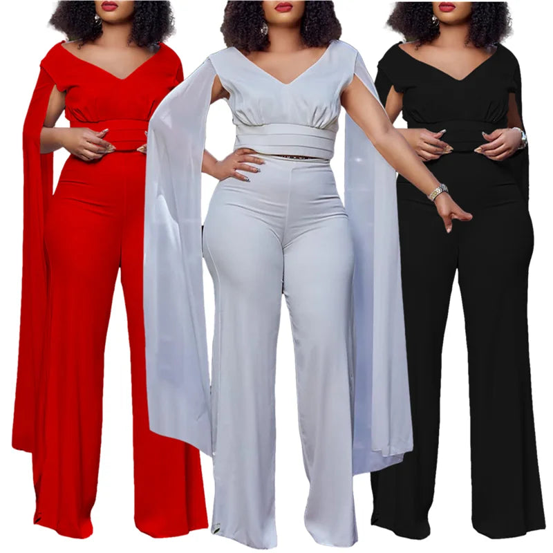C8561 Latest Design Fashionable Outfits for Women V-Neck Top and Wide Leg Pants Two Piece Set Women Clothing