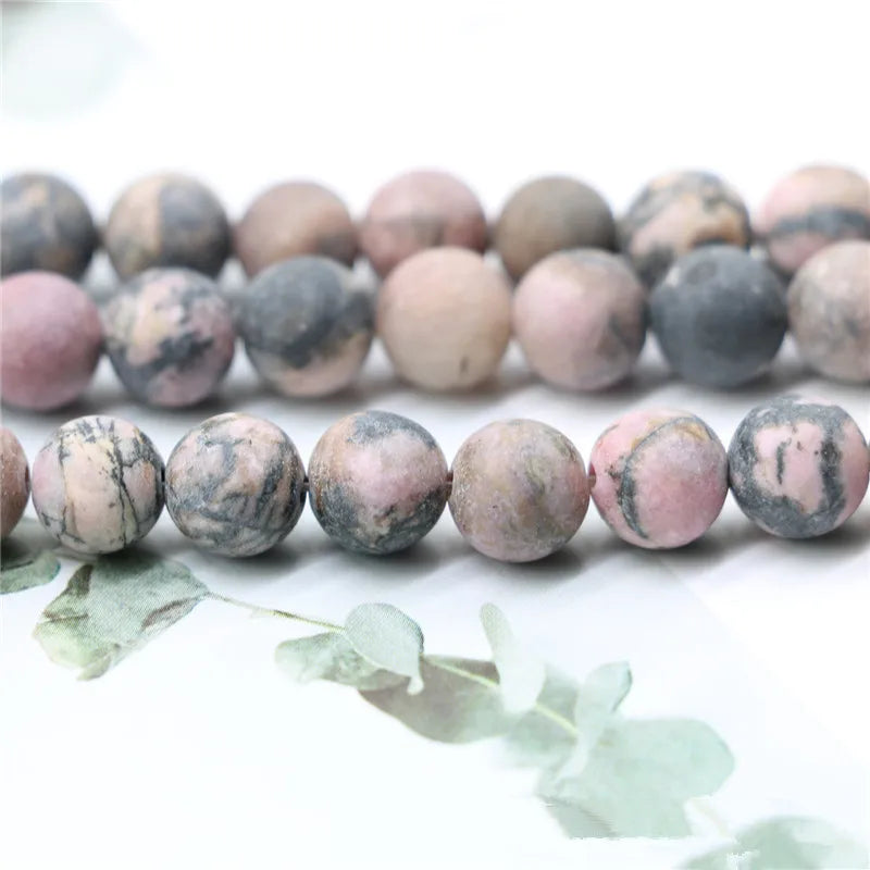 Natural Beads for Jewelry Making Matte Frosted Black Stripe Rhodochrosite Gemstone Round Loose Beads 15.5"