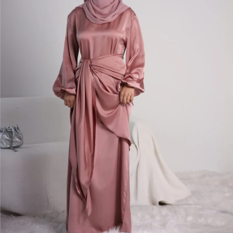 Latest Loriya 2023 New Abaya Designs Fashion Modest Wear Satin Wrap Skirt Set Muslim Dresses Islamic Closed Abaya