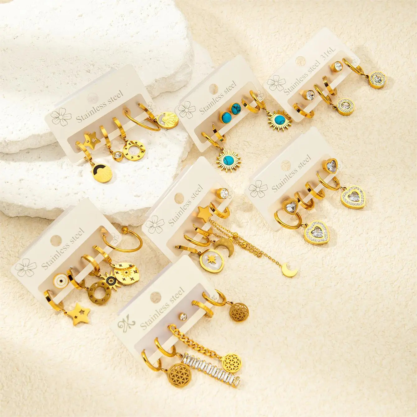 18K Gold Plated Geometric Moon Star Stud Earrings Hoop Earrings Stainless Steel Jewelry Earring Set
