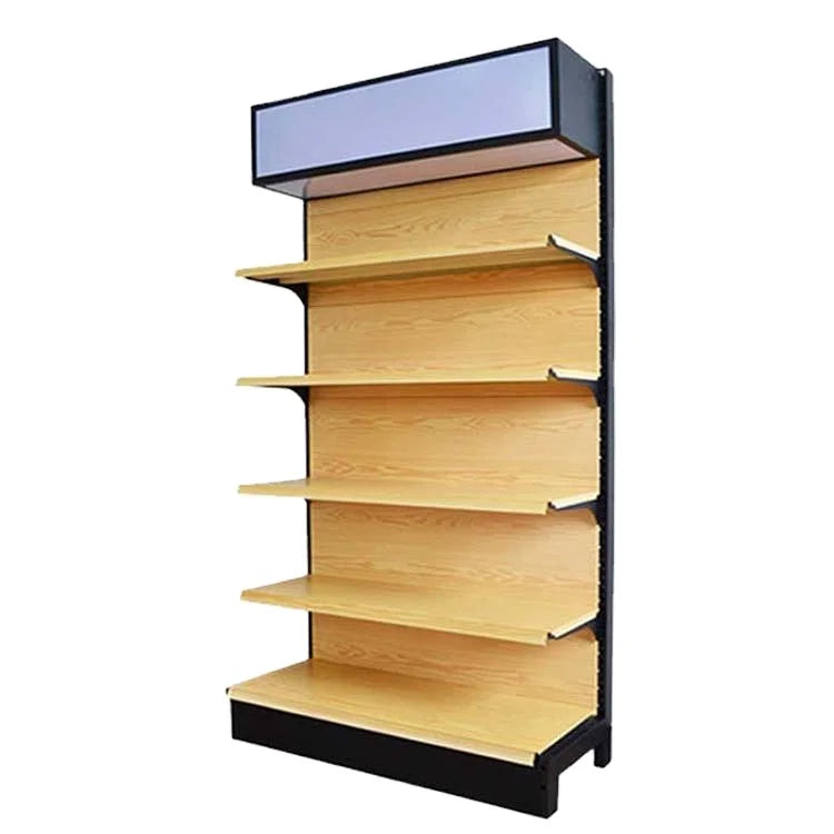 New Design Heavy-Duty Single-Sided Supermarket Rack Metallic Wood Grain Gondola Shelf New Style Single-Sided Goods Shelving