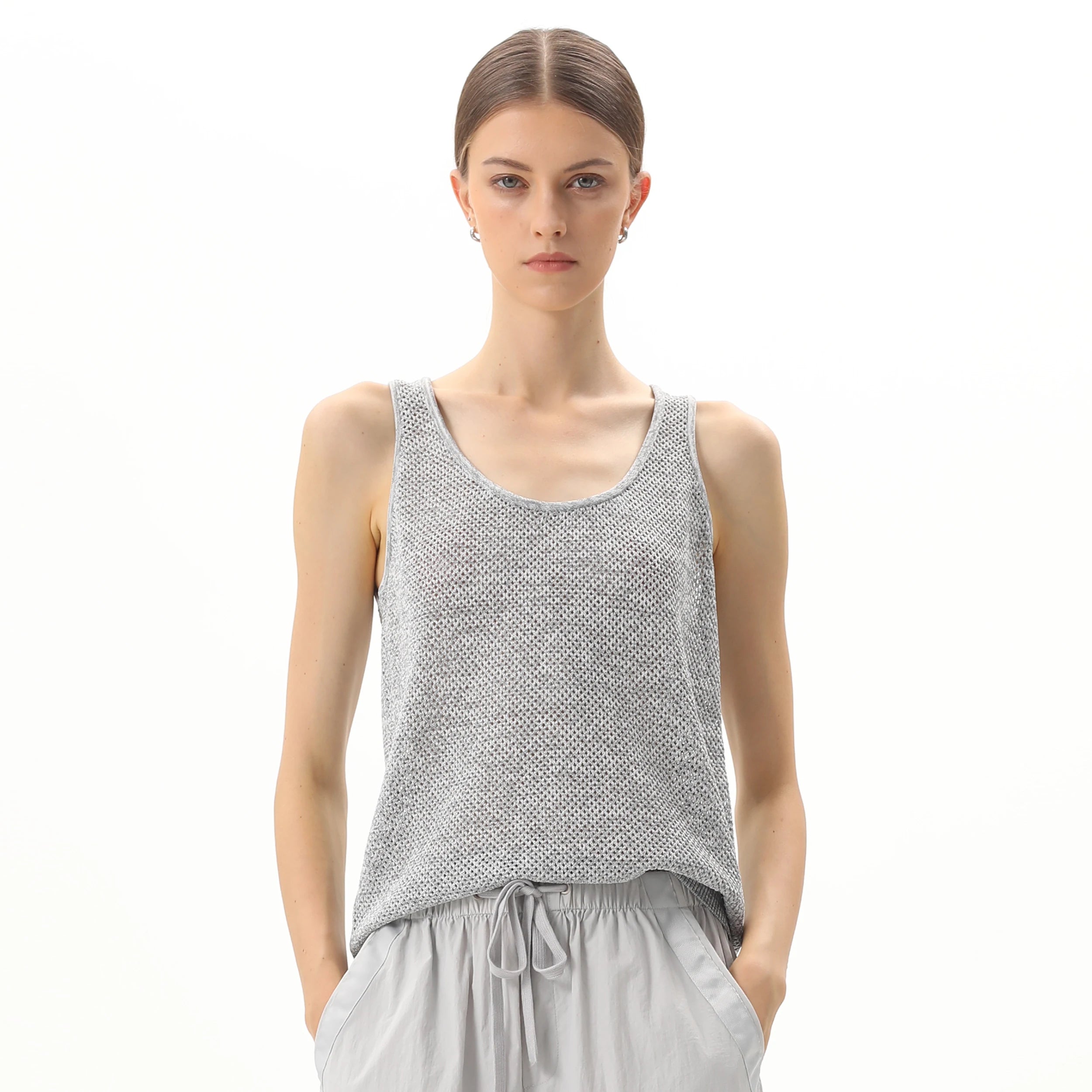 Women's Elegant Summer Grey Crochet Vest Brand Customizable Daily Casual Knitted Outer Wear Tank Tops