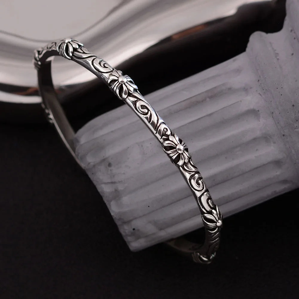Light Luxury Vintage Punk Floral Cross Open Bangle Copper Silver Plated Fashionable Vine Bracelet