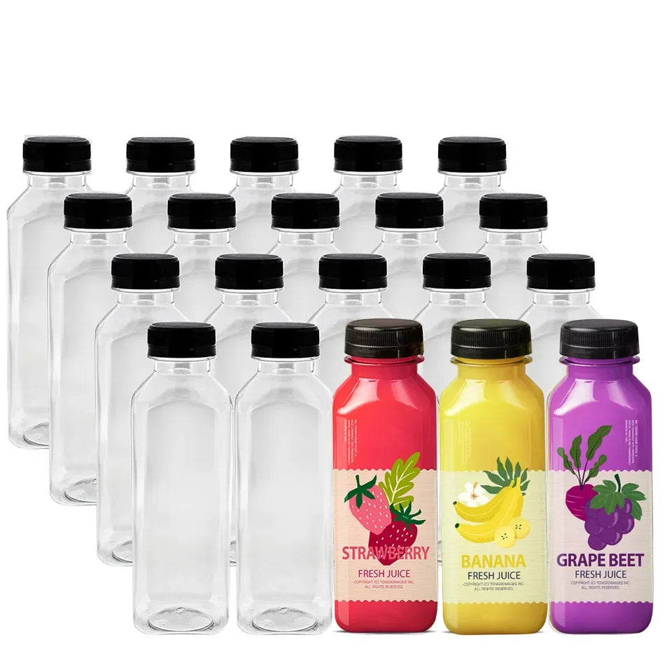 Stock 400ml PET Juice Bottle Customized Square Shape Transparent PET Plassoft Drinks Plastic Juice Bottle