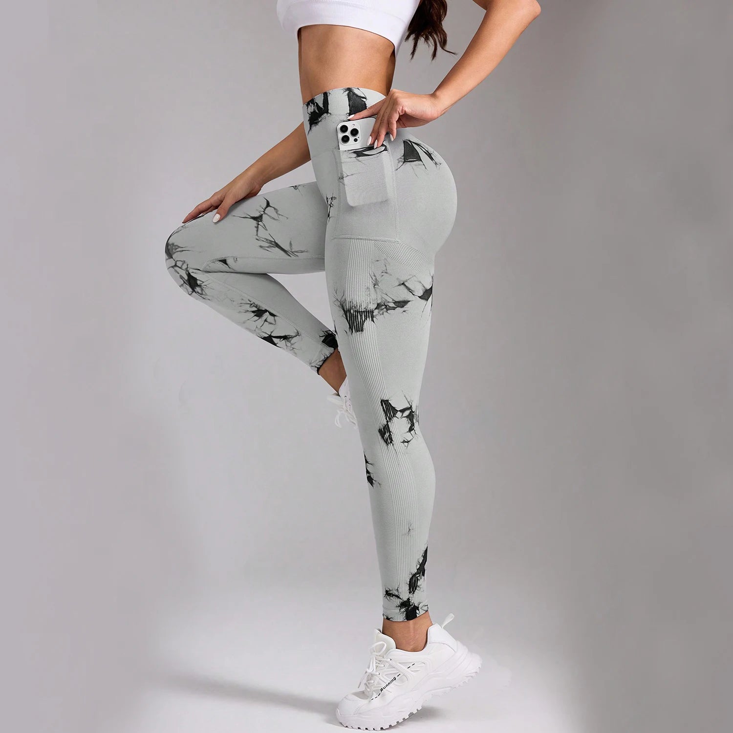 FLW Women's High Waist Yoga Pants Pockets Scrunch Butt Lifting Elastic Tights Leggings Solid Seamless High-Waisted Design