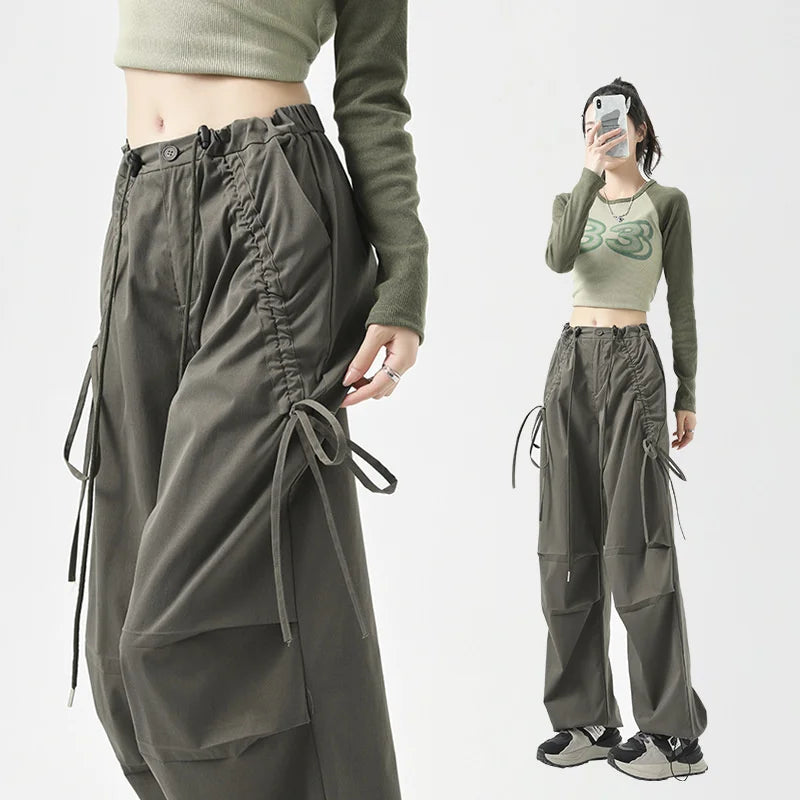 OEM/ODM Women Casual Drawstring Elastic Waist Flat Front Breathable Fits Spring Trendy Loose Cargo Pants Summer Trousers Women