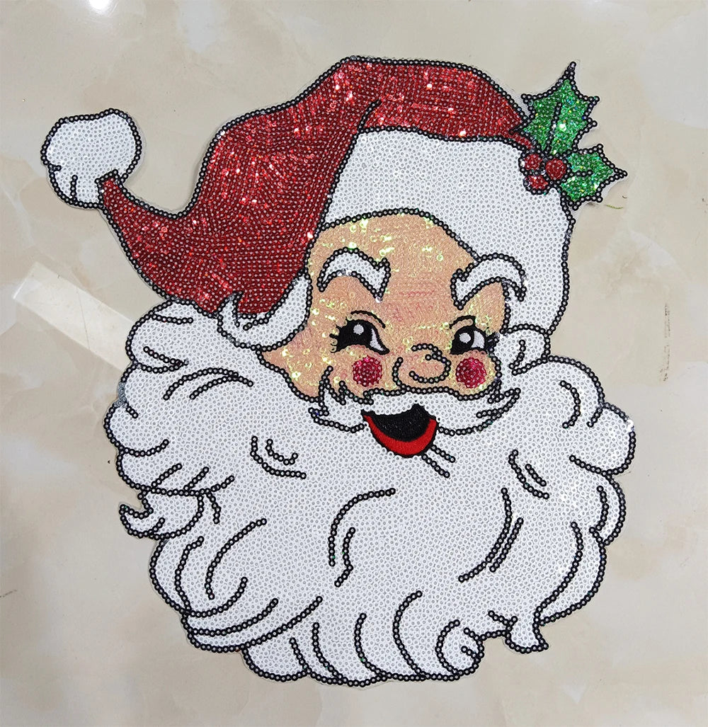 Factory New Custom Wholesale Christmas Santa Baby Large Glitter Chenille Sequin Embroidery Iron on Patches for Clothing Clothes
