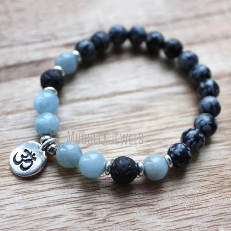 WMB36745 Natural Stone Snowflake Obsidian Lava Rock Aquamarine Beaded Wrist Mala With Om Charm Bracelet Yoga Jewelry