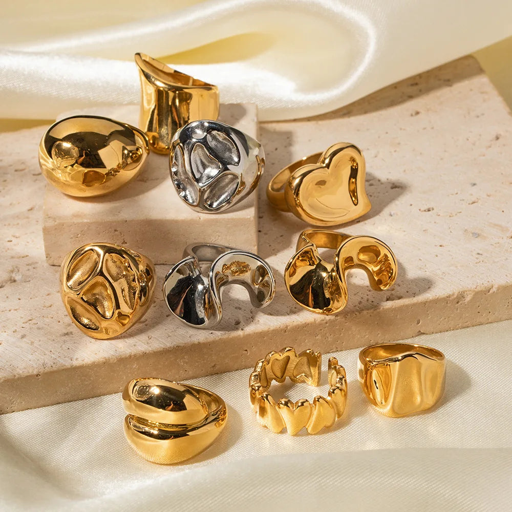 Stylish Texture Finger Jewelry Stainless Steel Waterproof Dome Ring Irregular Bold Chunky Geometric Ring for Girls