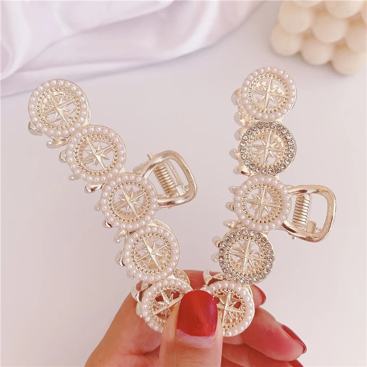 New Retro Pearl Shark Clip Japanese Lady Temperament Six-pointed Pearl Hairpin