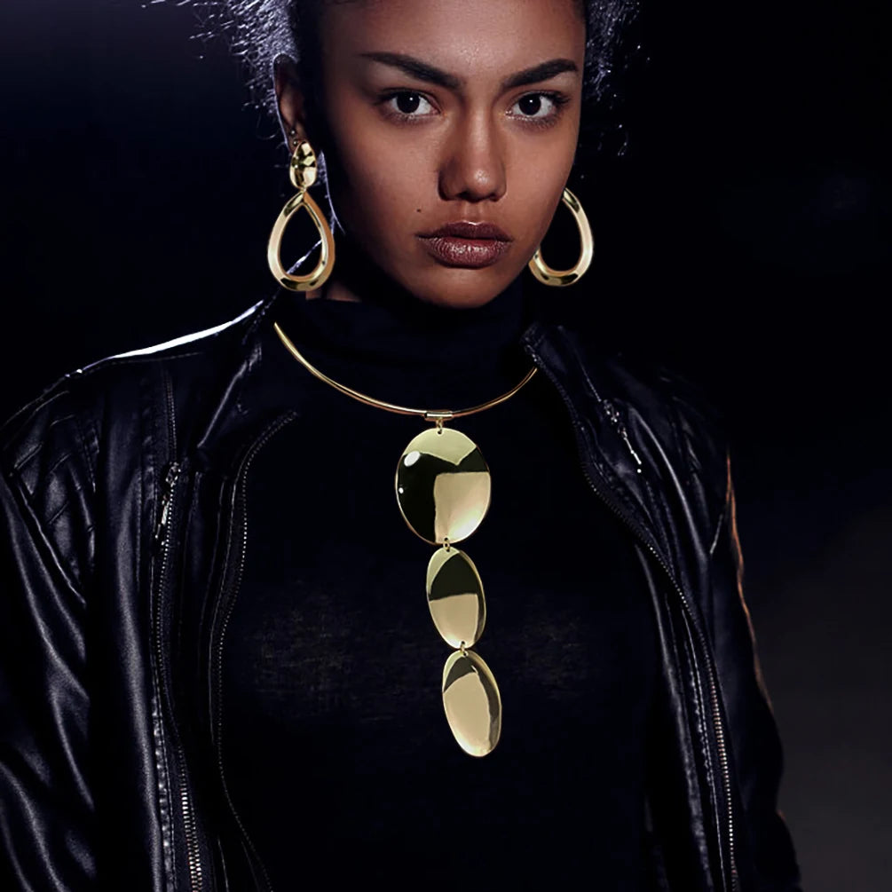 African Style Jewelry Set Statement Necklaces Pendant Gold Filled Metal Hoop Earrings for Women Charms ZA Choker Accessory Sets