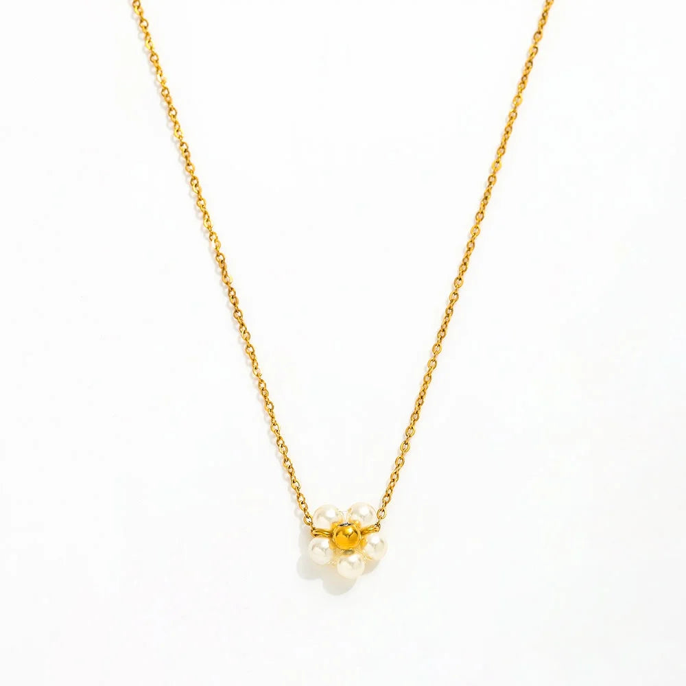 Joolim Jewelry 18K Gold Plated Glass Pearl Daisy Flower Pendant Necklace Trendy Geometric Stainless Steel with Link Chain