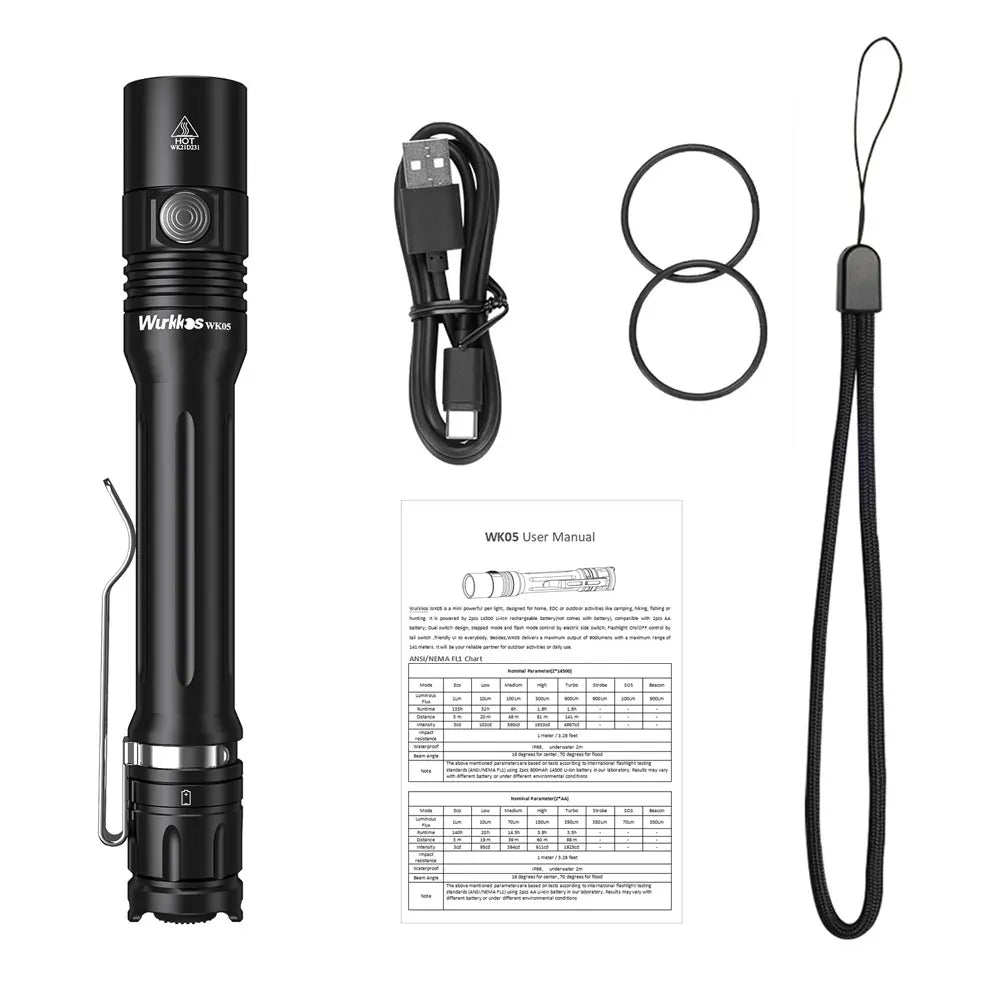 Wurkkos Waterproof Torch 900lm 2*14500 90CRI EDC Flashlight Pen Light Camping Patrol Searching