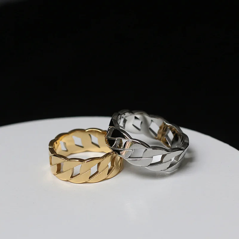 High End 18K Gold Plated Link Chain Hollow Band Stainless Steel Rings for Women
