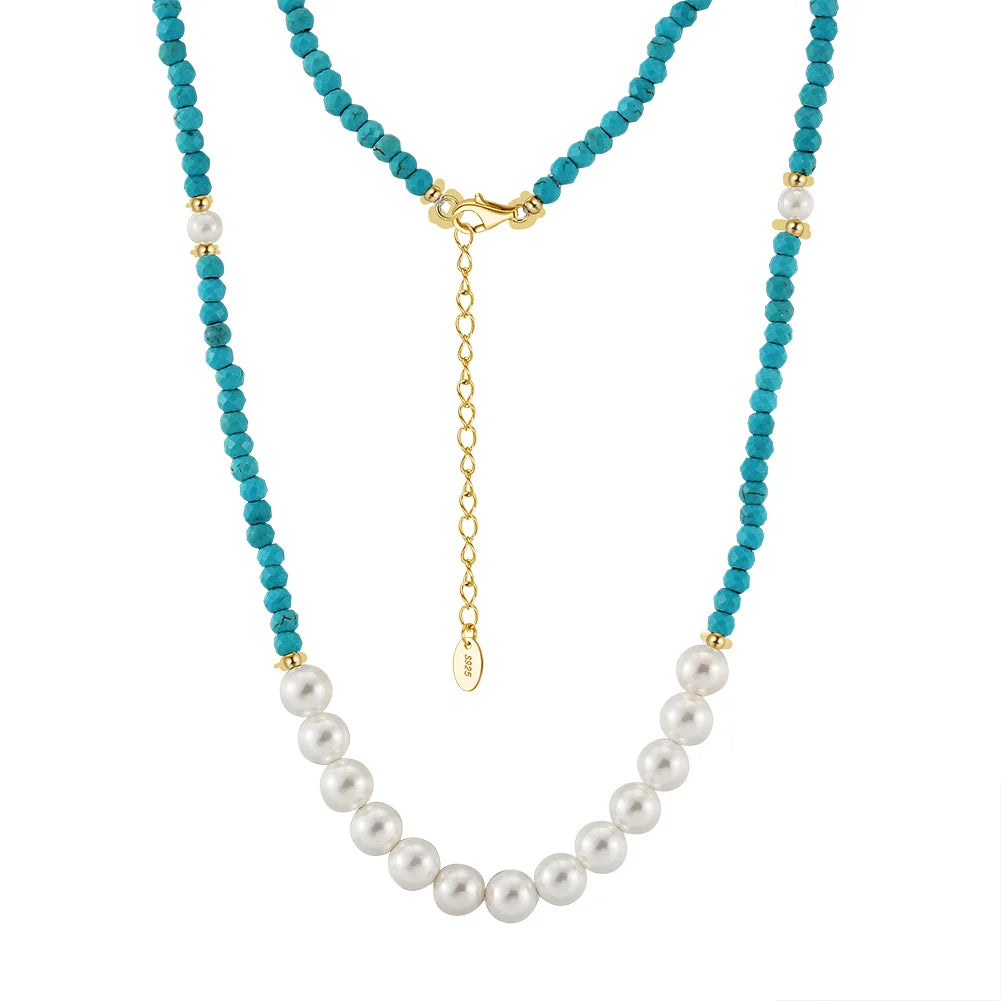 ACME  925 Silver Bohemian Natural Stone  Freshwater Pearl Gemstone Turquoise Bead Women Jewelry Summer Holiday Stylish Necklace